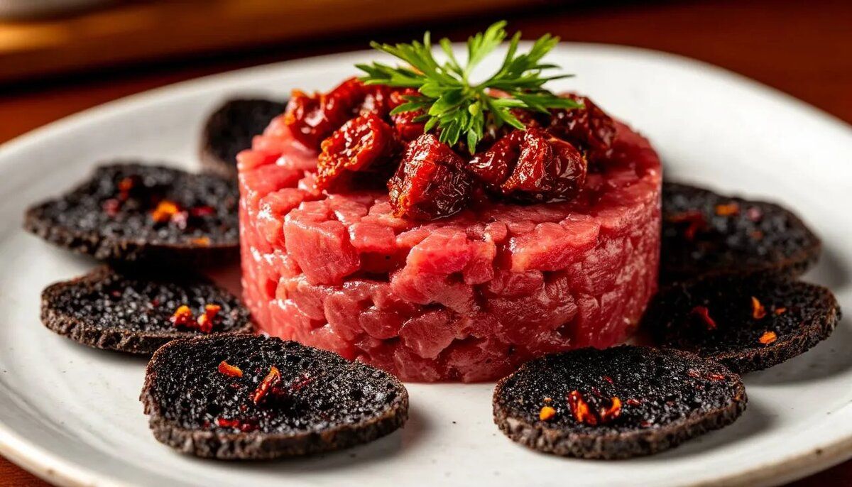 Непревзойденный тартар из говядины с вялеными томатами и хрустящими чипсами