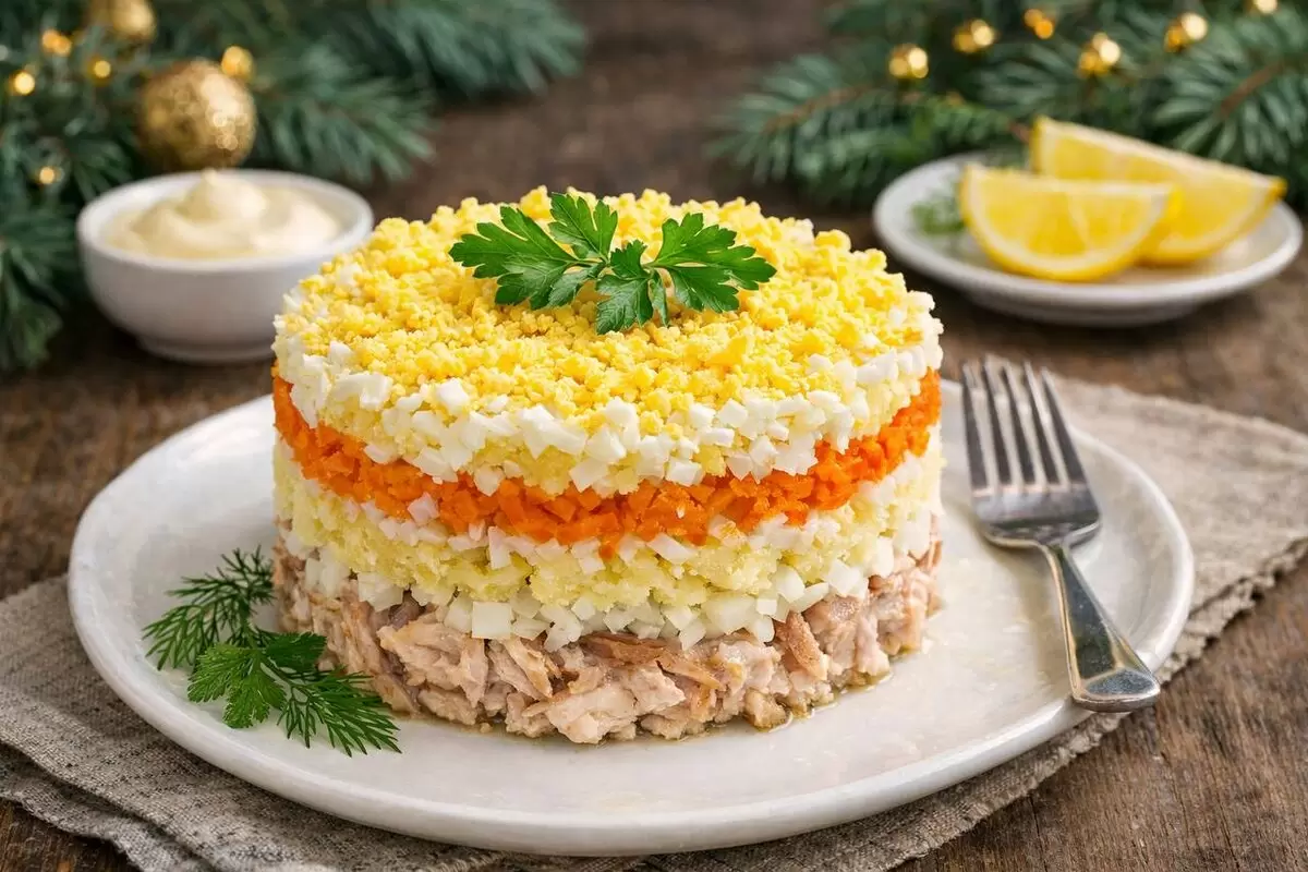 Запечённая рыба превращает мимозу в лёгкий праздничный салат